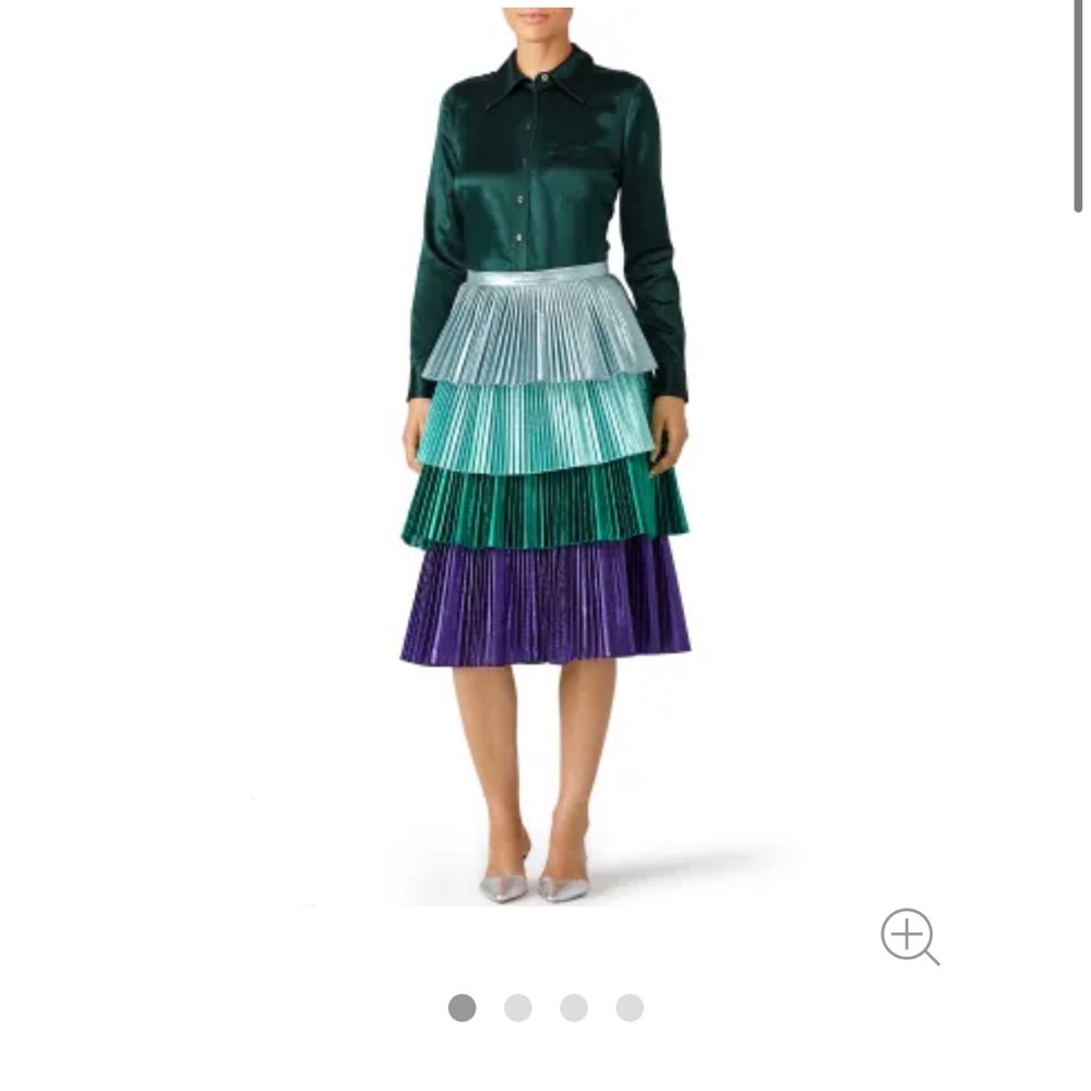 Tiered Metallic Pleated A-Line Skirt in Silver, Teal, Green & Purple